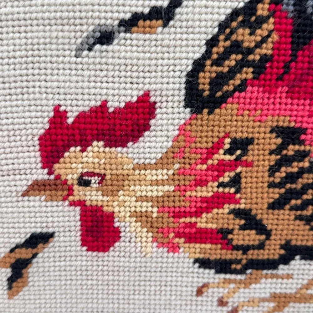 Vintage Framed Fighting Roosters Needlepoint Traditional Americana Art